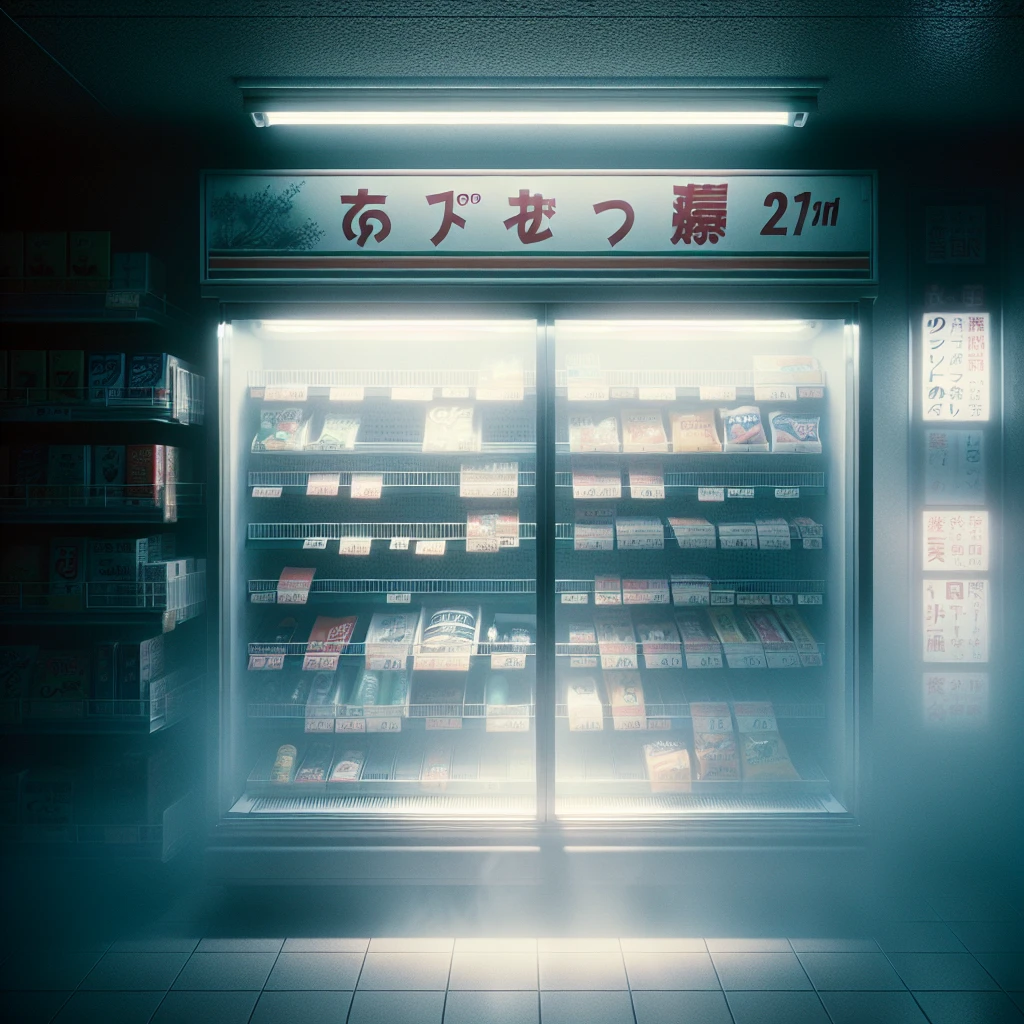 霧がかった暗い店内で棚がほとんど空になっているコンビニエンス霊店の様子。