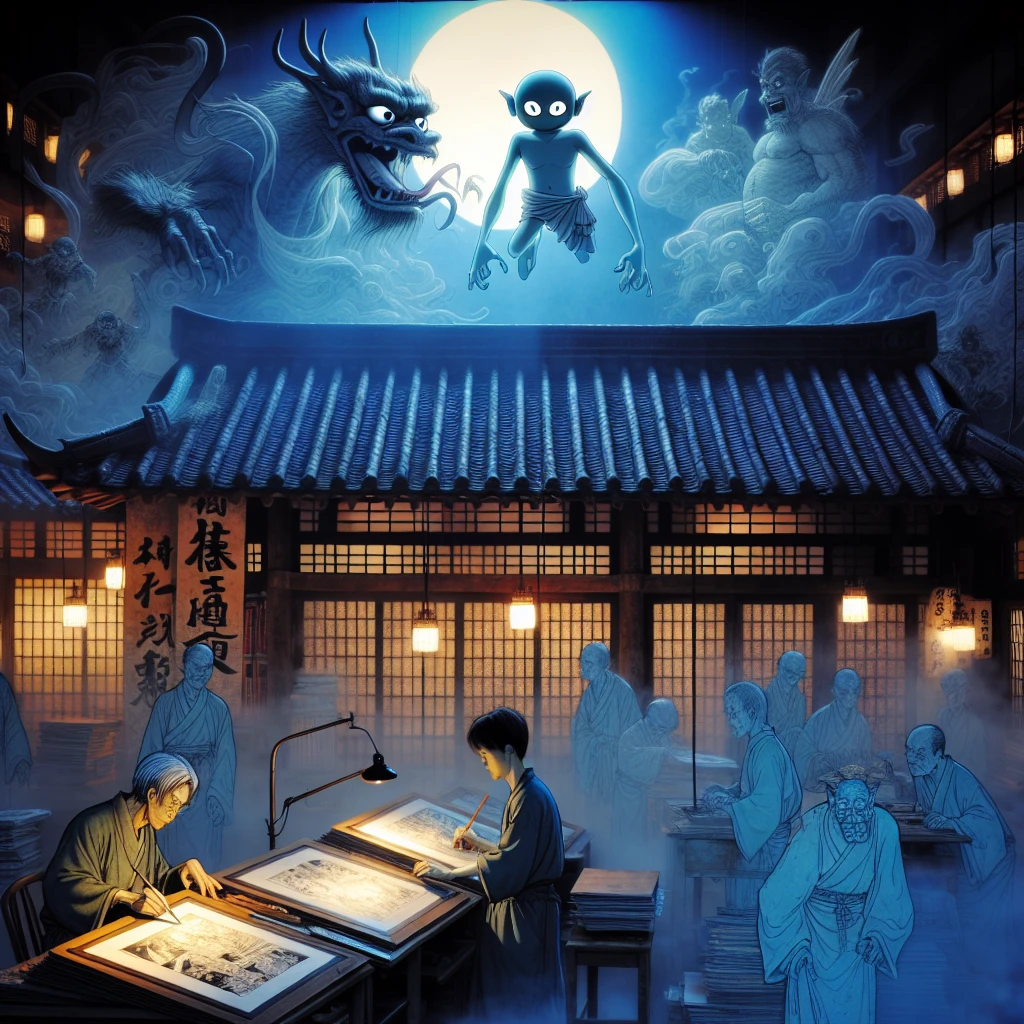 夜の薄暗い漫画スタジオで、妖怪アシスタントたちが漫画制作に取り組む幻想的な光景。