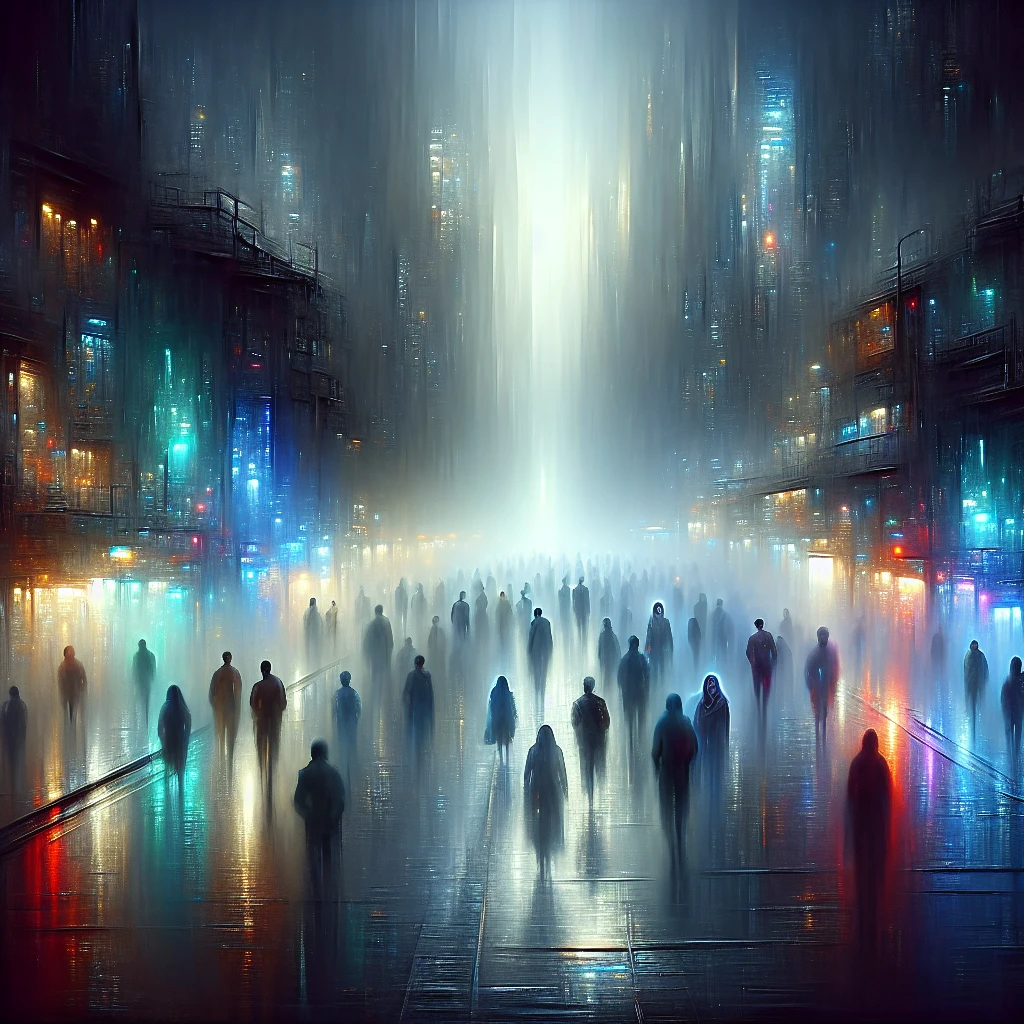 霧に包まれた近未来都市の交差点で、ネオンが灯る仮想通路を幽霊と人間が共に歩いている夜景の写真。