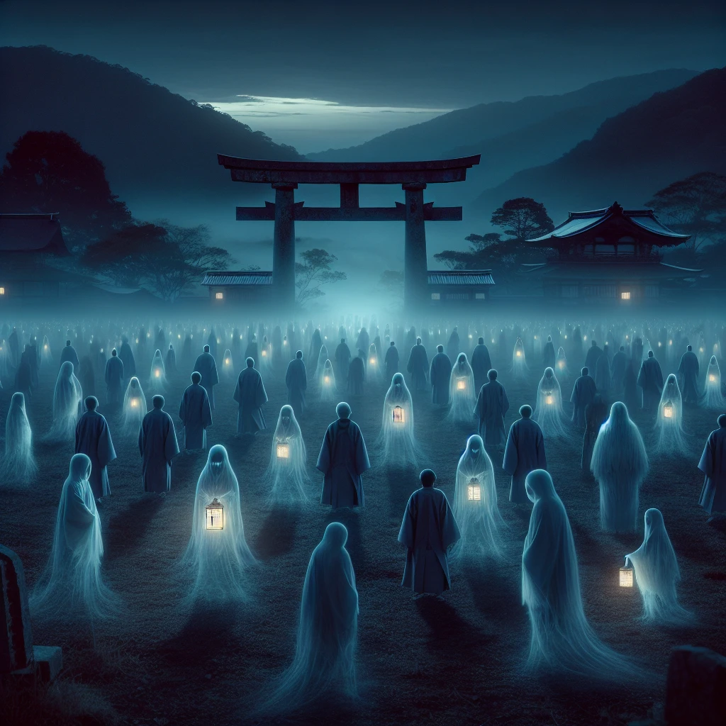 夜霧の中、袈裟姿の幽霊や手をつなぐ妖怪たちが霞門に集まり、淡い光に包まれて巡礼を始める様子。
