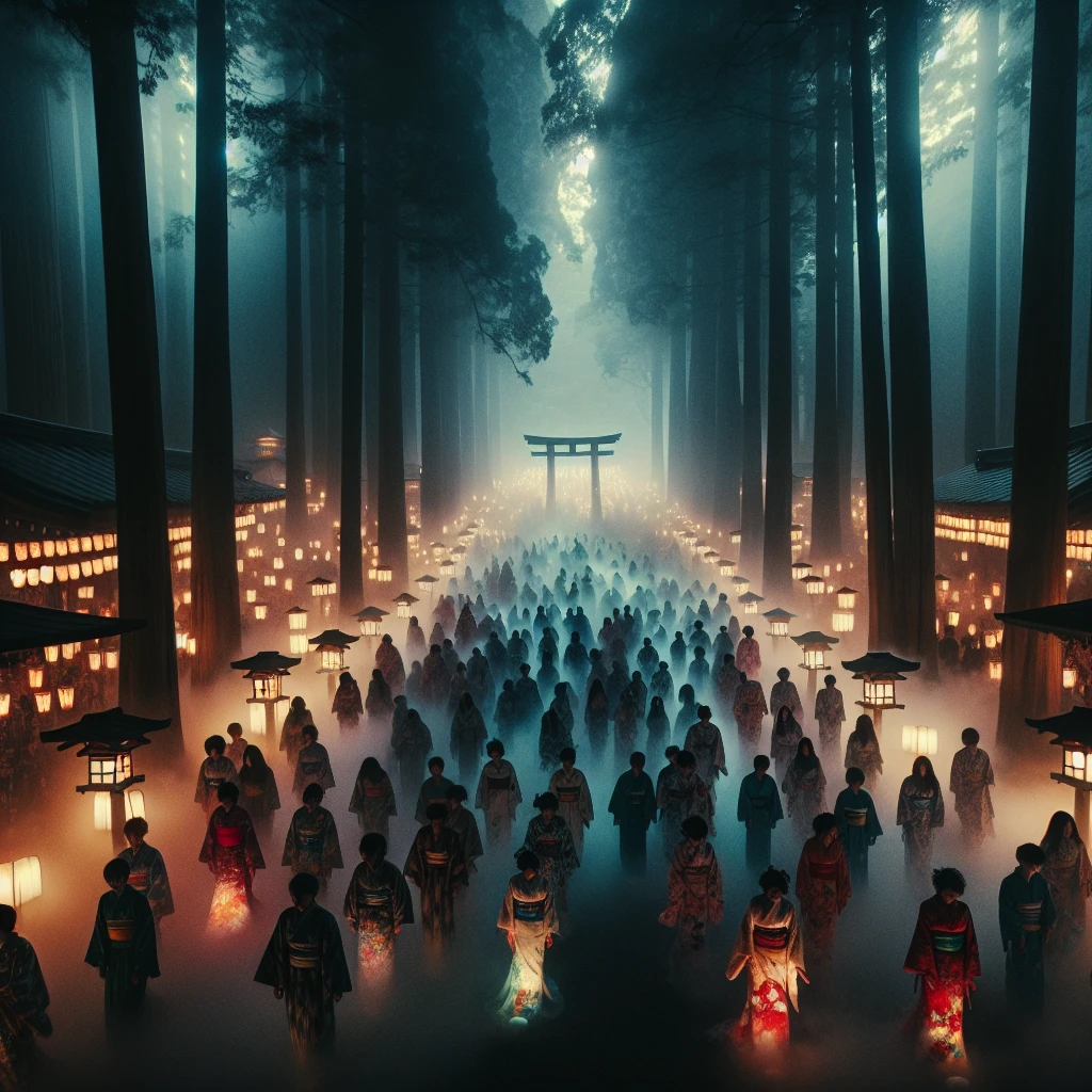 夜の神社で、霧に包まれた参道を浴衣姿の半透明な人々が歩く幻想的な祭りの様子。