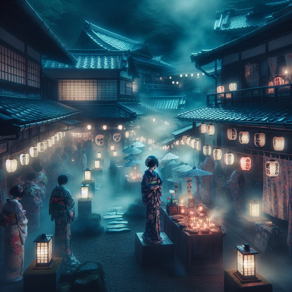 夜の霧に包まれた老舗旅館の中庭が、提灯の淡い光と幽霊らしき着物姿の人々で幻想的に彩られている写真。