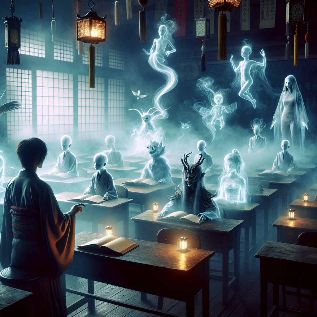 薄暗い教室で、幽霊や妖怪、死神など多様な存在が机に座り、教師の話を聞いている様子。