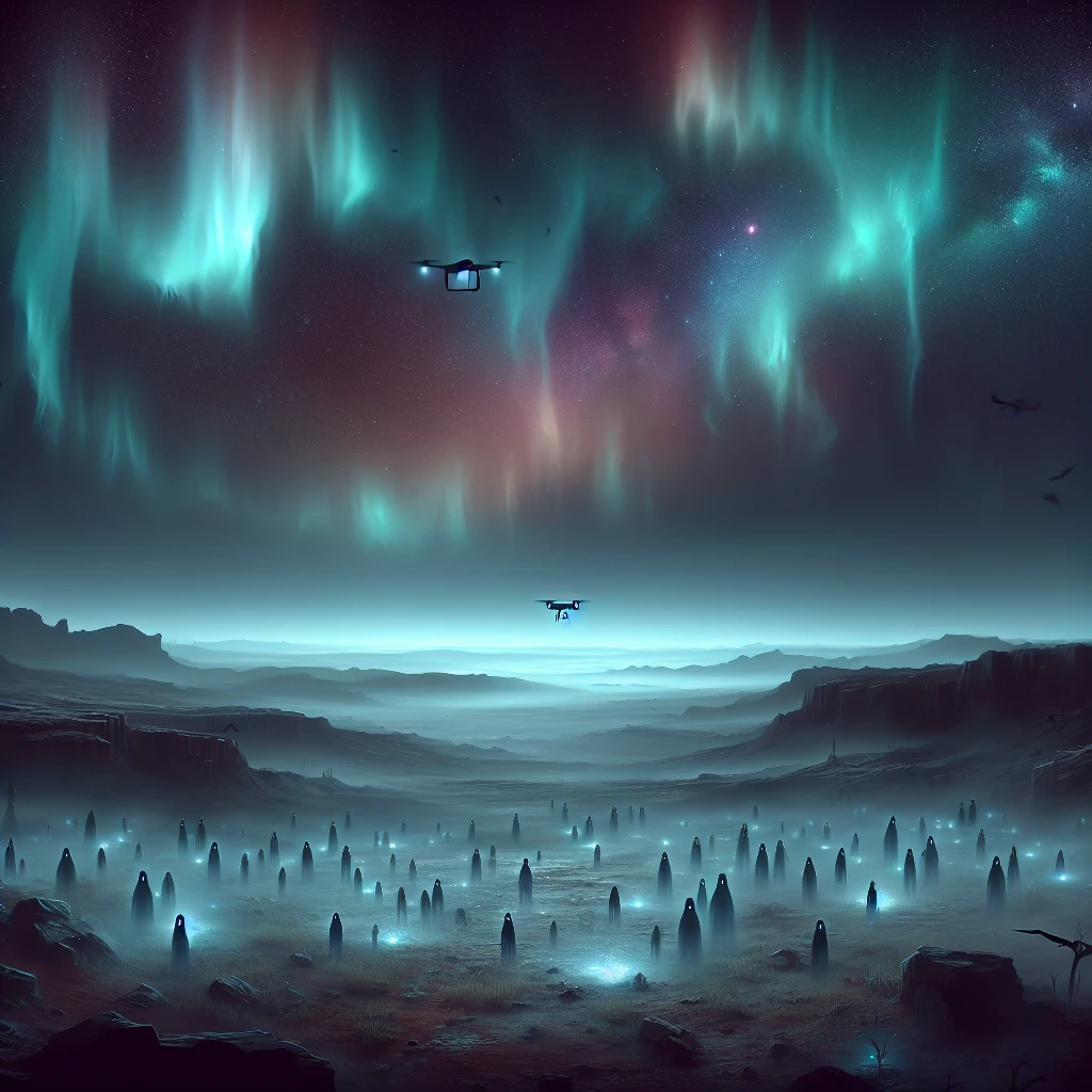 火星の夜空に幻想的な幽世オーロラが輝き、ミストに包まれた赤い大地と上空を漂う観測ドローンのリアルな光景。