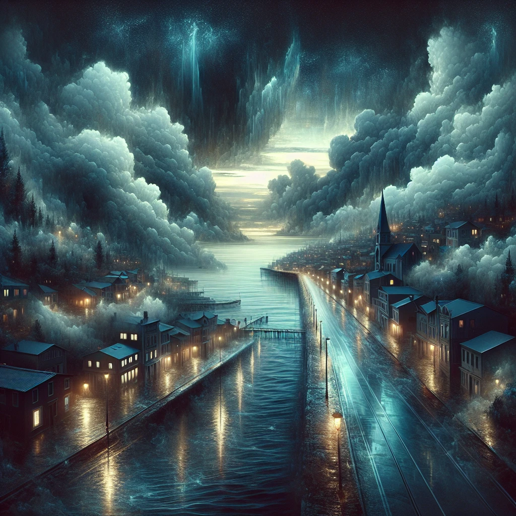 夜の海沿いの街の上空に、半透明で不気味なお化け雲が立ちこめる様子のリアルな写真風画像。