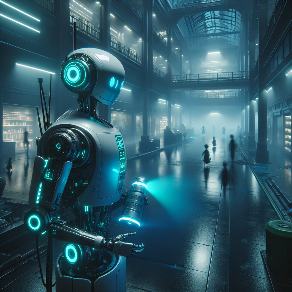 薄暗く霧がかったショッピングモールを巡回する未来的なAIロボット警備員と、かすかな光の中に浮かぶ幽霊や妖怪の姿。