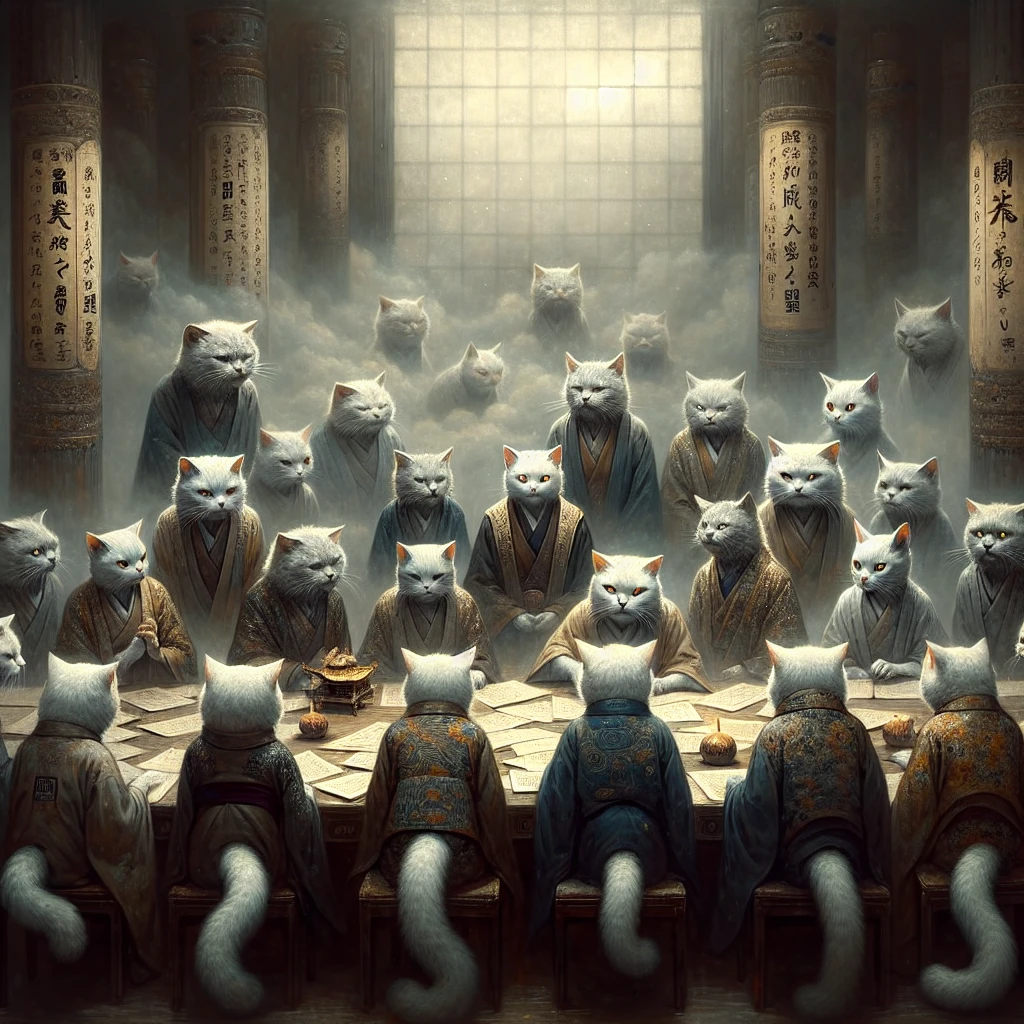 薄暗く霧のかかった会議室で、多尾を持つ猫又たちが世代ごとに分かれ、神秘的な光を放つ書類や魂トークンを囲み議論している写真風の光景。