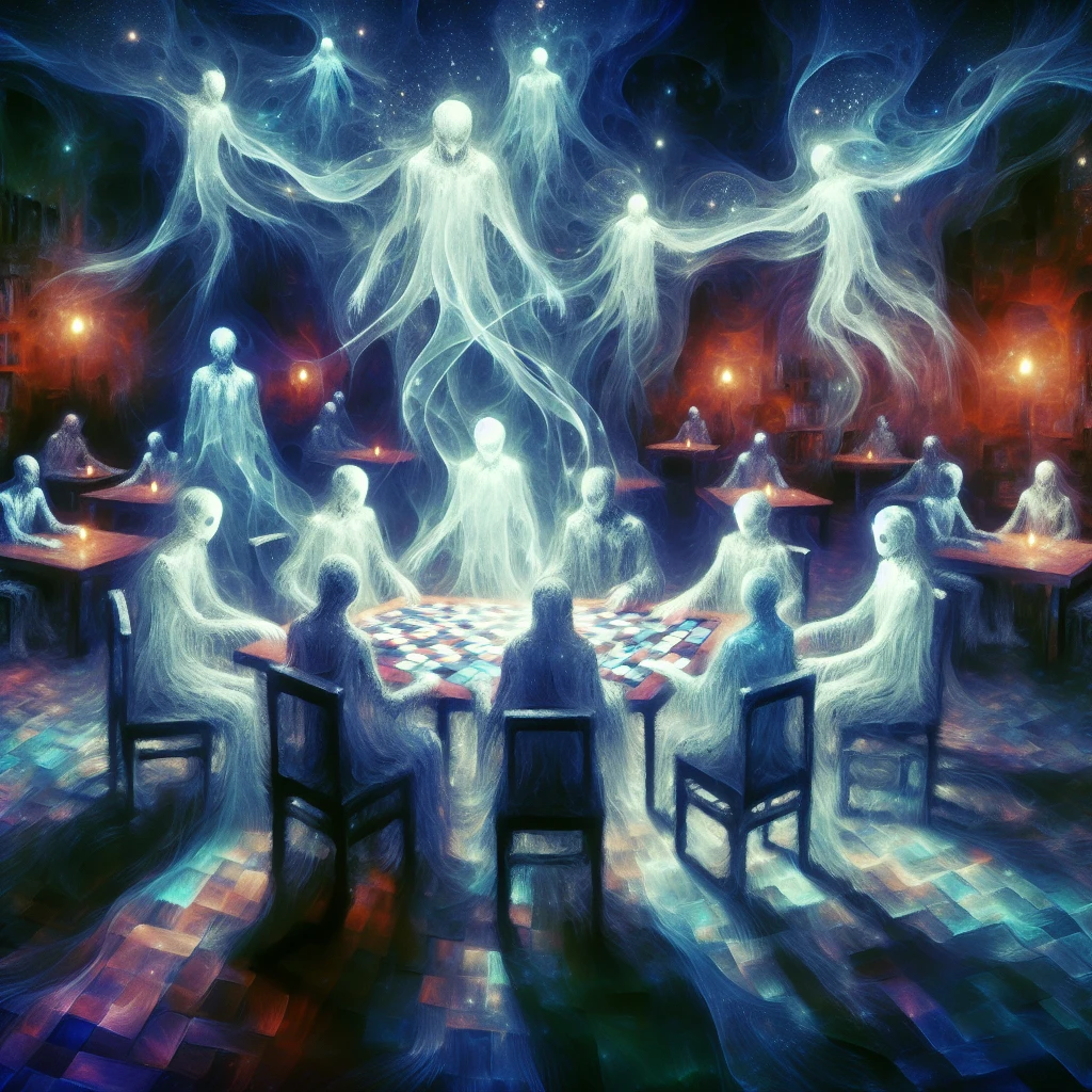 霧が立ちこめる薄暗いカフェで、幽霊や精霊たちが光のリズムゲームに没頭している様子。