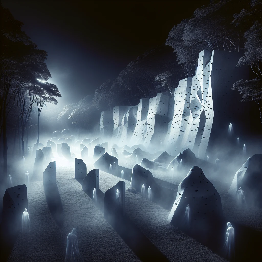 霧に包まれた夜の公園で半透明の幽霊たちが人工のボルダリング壁を登っているリアルな写真のような情景。