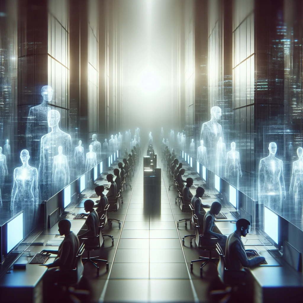 霧に包まれた幽界のオフィスで、半透明のビジネスマンたちがAI端末を操作している様子。