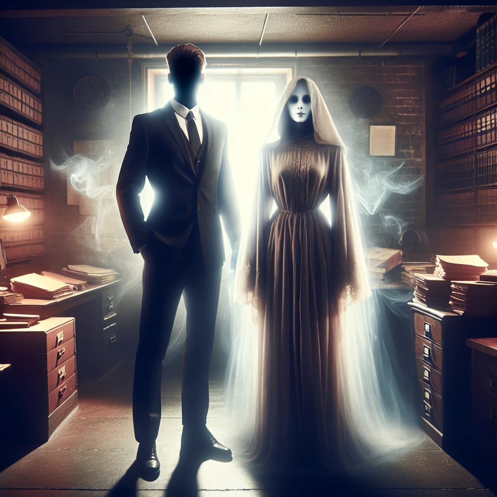 薄暗いオフィスの中で、女性の幽霊と影のような男性が並んで立っている写真。