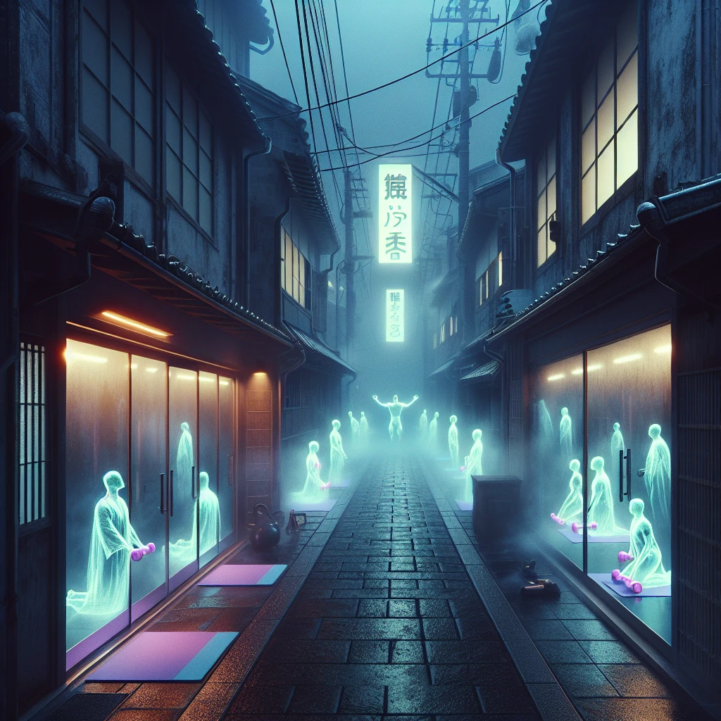 夜の裏通りに幽霊や妖怪が通うミストジムの入り口がネオンの光に包まれている写真風の光景。
