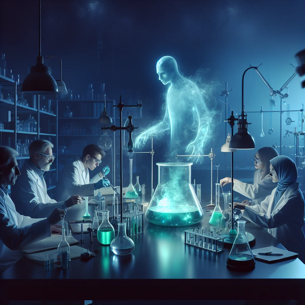 薄暗い実験室で、科学者たちと半透明の幽霊が発光する薬品を使ってリチウムイオン電池の実験を行っている様子。