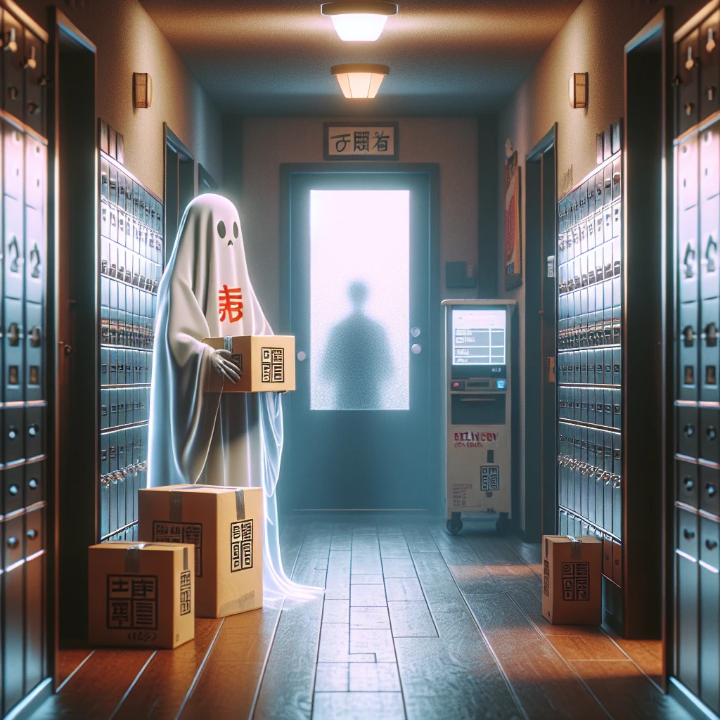 マンションの廊下で半透明な幽霊が荷物を受け取る様子を写した写真風の画像。