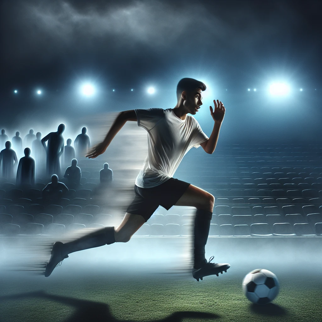 霧に包まれた夜のスタジアムで、半透明の若いサッカー選手がボールを蹴っている様子。