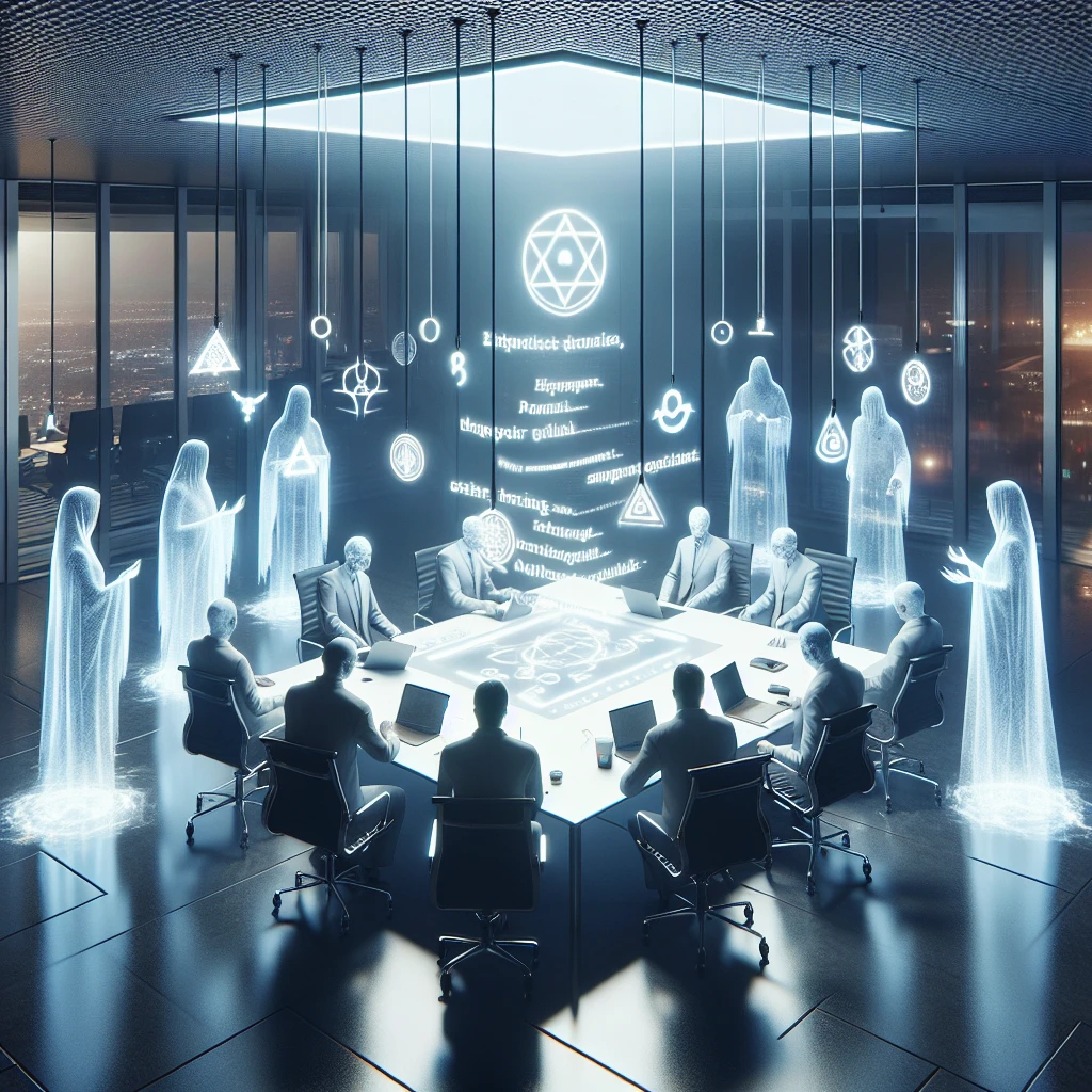 現代的な会議室で幽霊や妖怪のメンバーがデジタルホワイトボードを囲むミーティング風景。