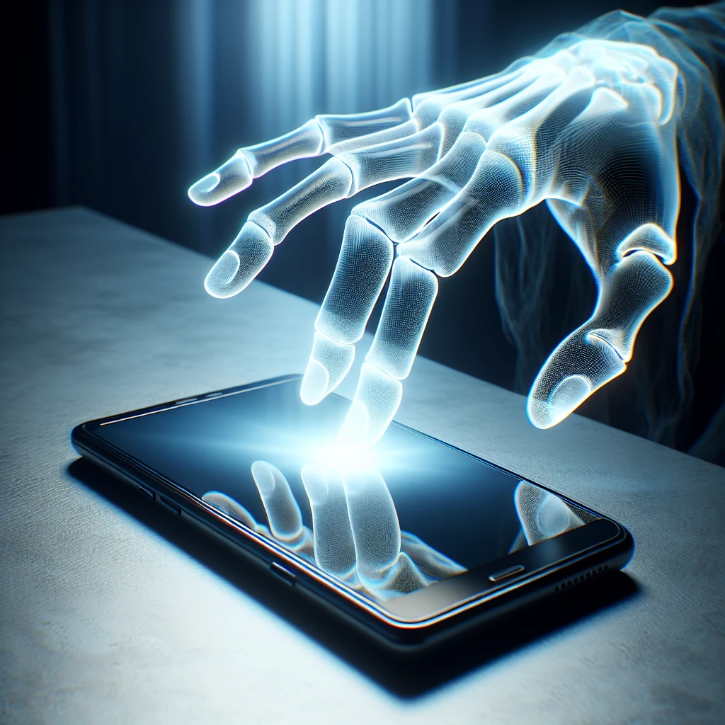 半透明の幽霊の手がハイテクなスマホケース付きのスマートフォンを持っている様子。