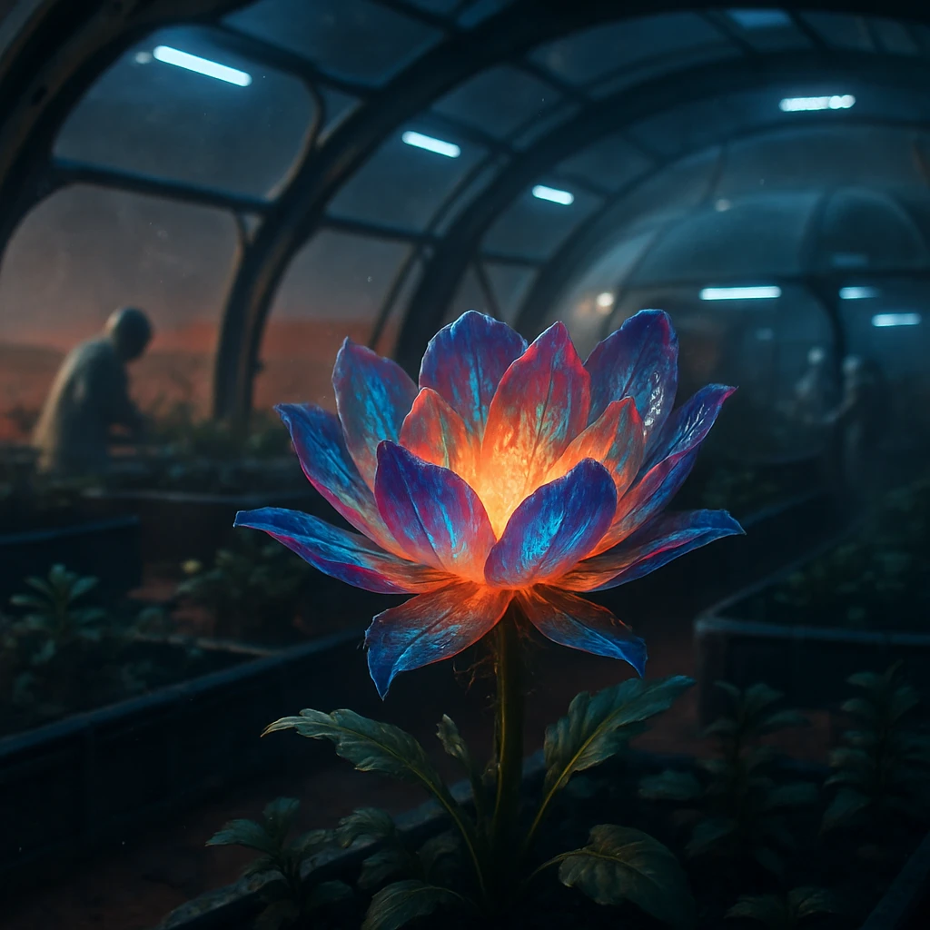 火星の近未来的な温室内で幽玄な発光を放つクエーサー花と、透明なスペース耕作ポッド越しに見える幽霊の農夫たちの姿。