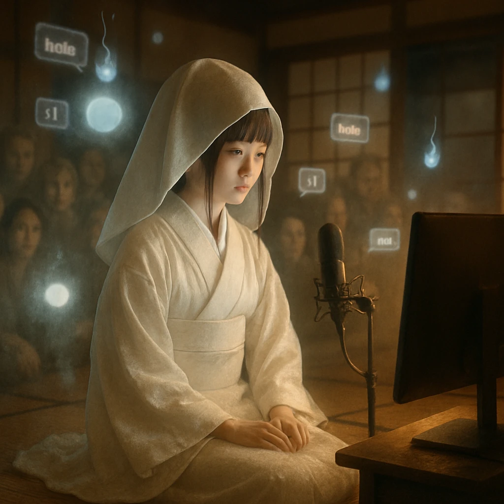 白装束姿の透けた少女VTuberが和室の仮想空間で幽霊視聴者たちに囲まれ配信している様子。