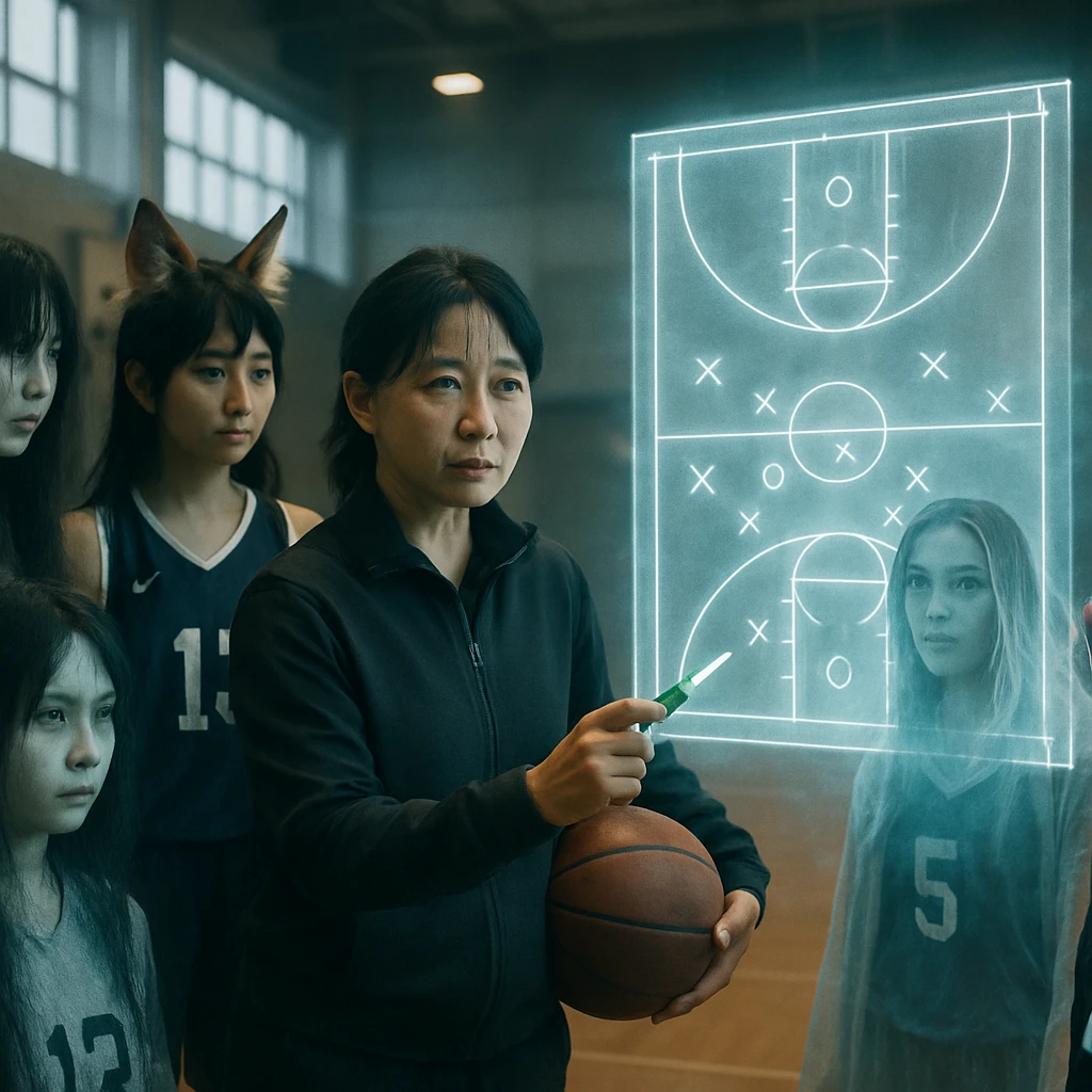 現代的な体育館で多様な異形の女子バスケットボール選手たちと女性監督が戦術指導を受けている場面のリアルな写真風画像。
