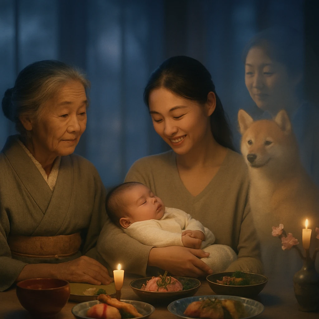 薄明かりの中で三世代の家族と柴犬の霊が一緒に並び、春の膳を囲んで記念撮影している様子。