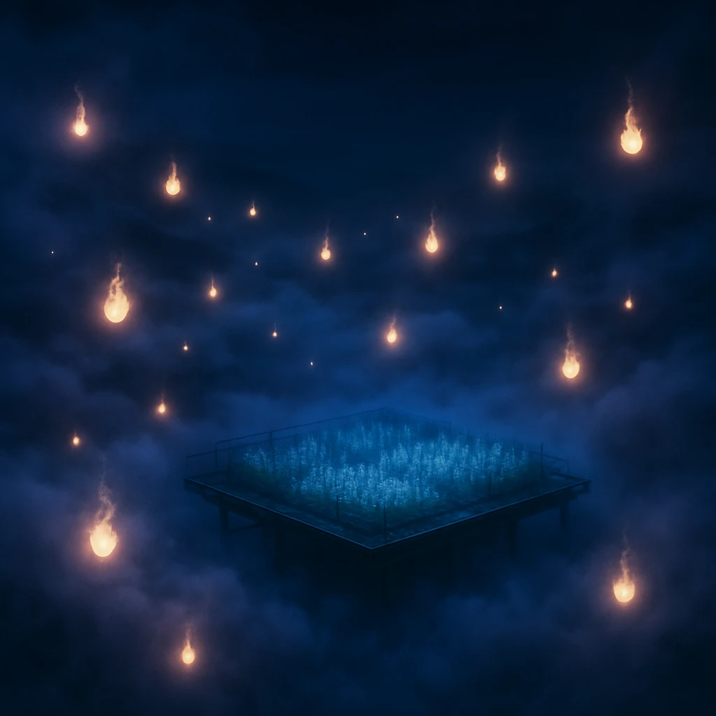 夜の雲の上で、光る無数の火の玉と幻想的な雲上農園が浮かび上がる光景。