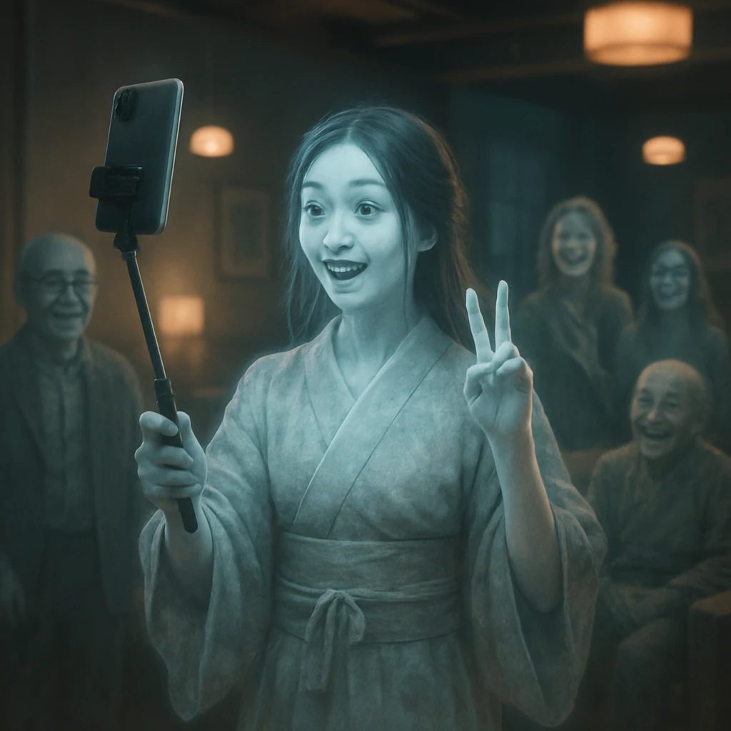 薄い着物をまとった半透明の女性の幽霊がスマートフォンを手に、明るい異界のラウンジで動画を撮影している様子。