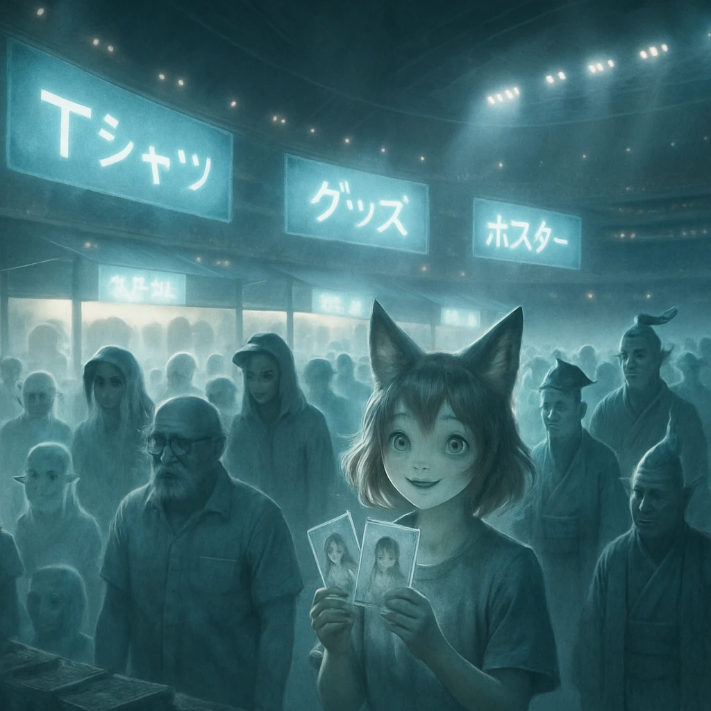 巨大な幽界スタジアムで、半透明の幽霊や妖怪たちがグッズ売り場に列を作っている写真風画像。