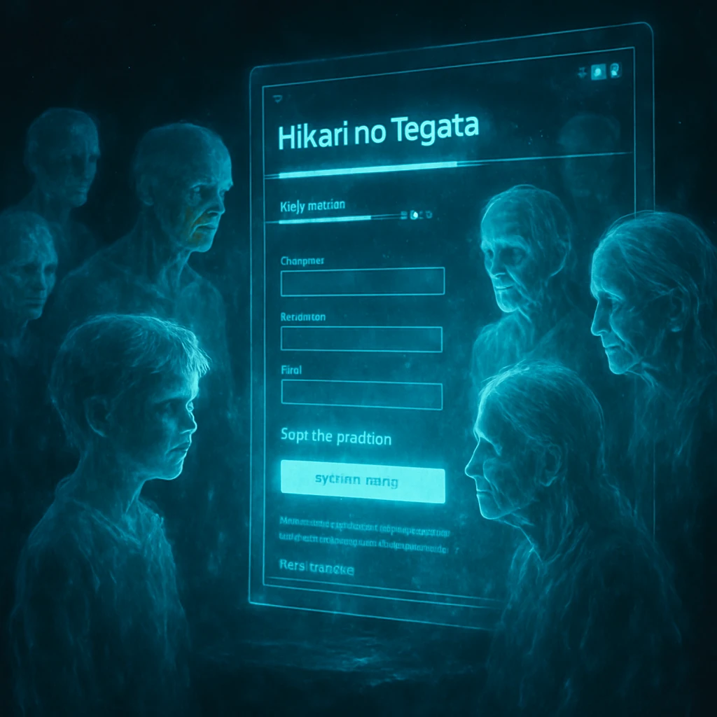 幽霊のような半透明の人物たちが、暗い空間で光るホログラム画面に集まっている様子。
