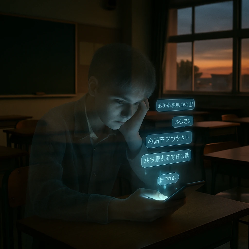 薄暗い教室で半透明の生徒がスマートフォンを見つめ、画面の上にホログラムのようなチャットメッセージが浮かんでいる様子。