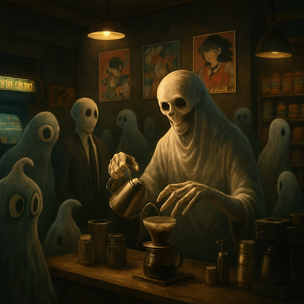 レトロな雰囲気のカフェで、幽霊の店主がコーヒーを淹れ、幽霊や妖怪、死神たちがゲーム筐体やセル画のある店内に集っている様子。