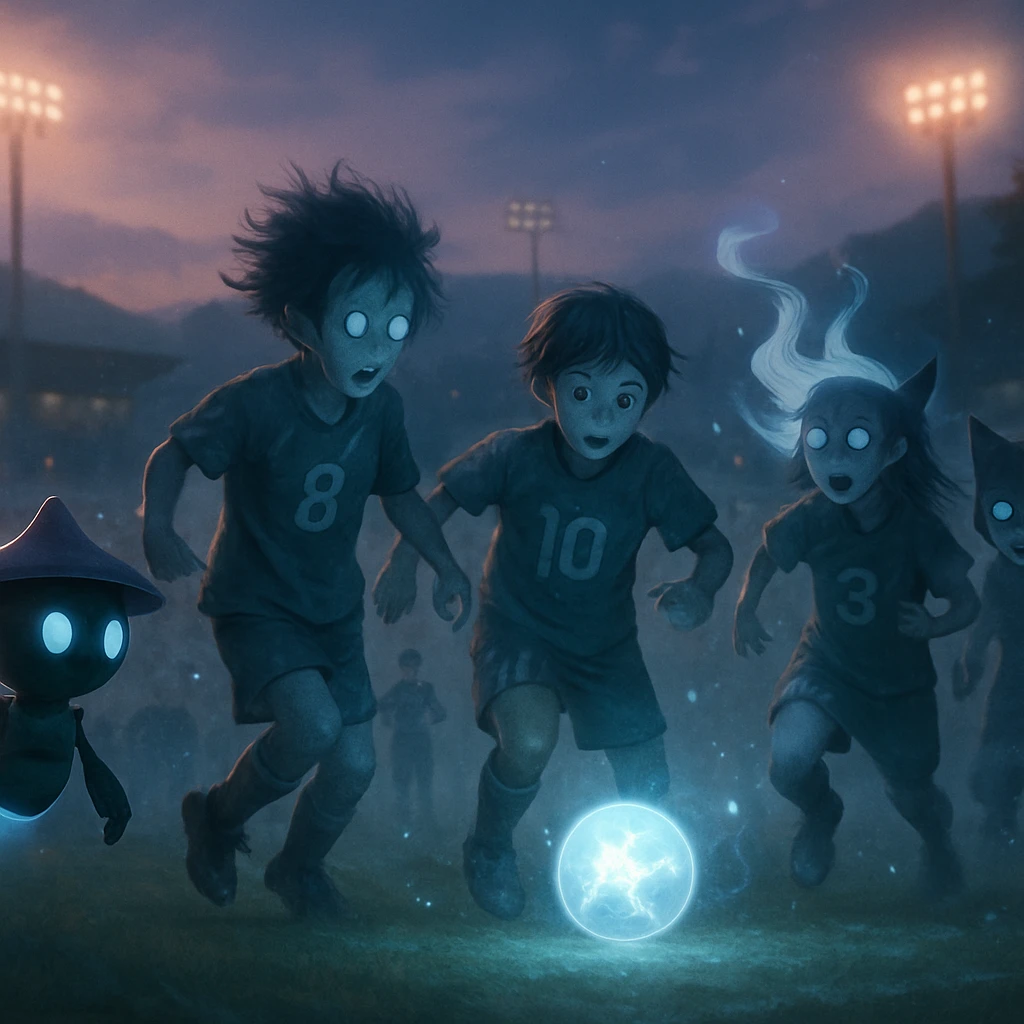 異界のスタジアムで霊的な小学生たちがAR魔法を使ってサッカーを楽しむ様子の写真。