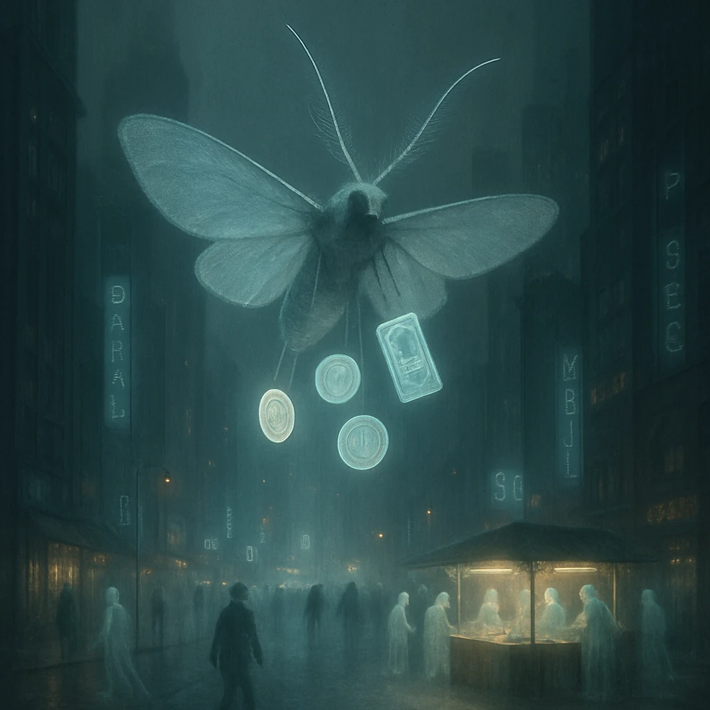 都市の夜空を飛ぶ巨大な白い蛾型ドローンが、発光する触角や荷物を抱えて幽霊たちの歩く霧の街路を照らしている様子。