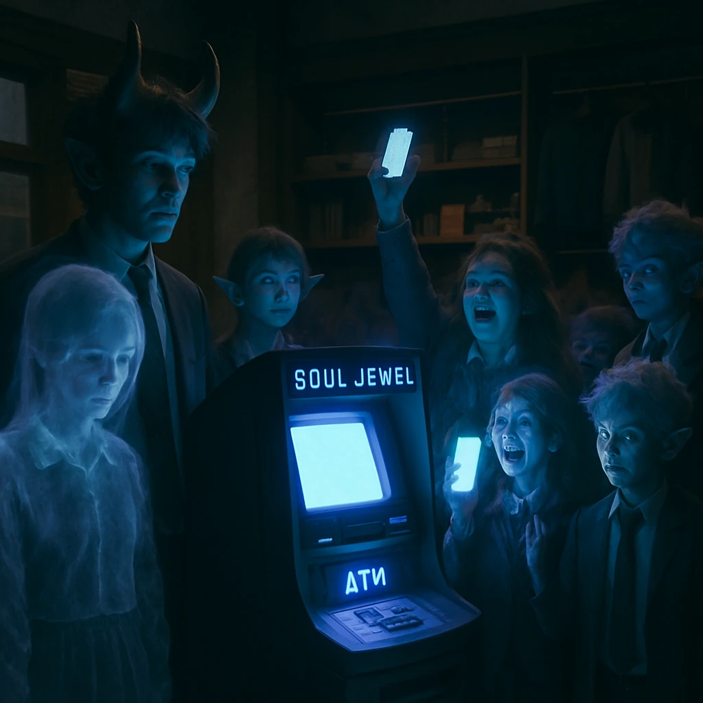 異界学園の購買部で、幽霊や妖怪の生徒たちが光る『魂のジュエルATM』に群がっている様子。