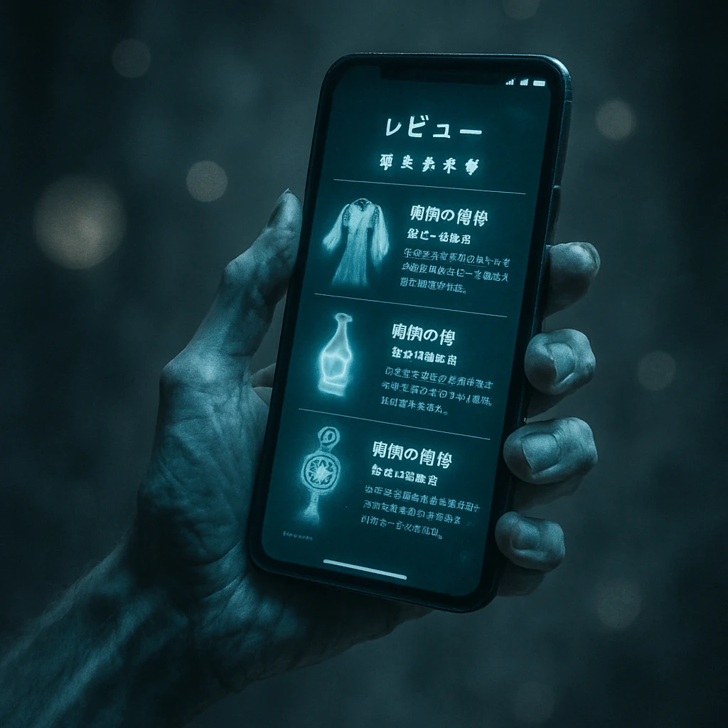 幽霊の手がスマートフォンを持ち、霊的な商品レビュー画面が幽かな光に包まれて表示されている光景。