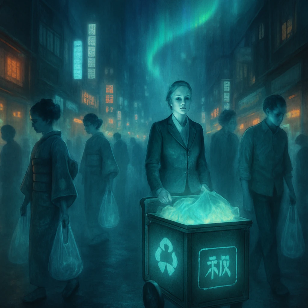 死後の都心・幽京の夜、伝統衣装や現代風の姿をした霊たちが透けたエコバッグを持ち歩く街角の様子。