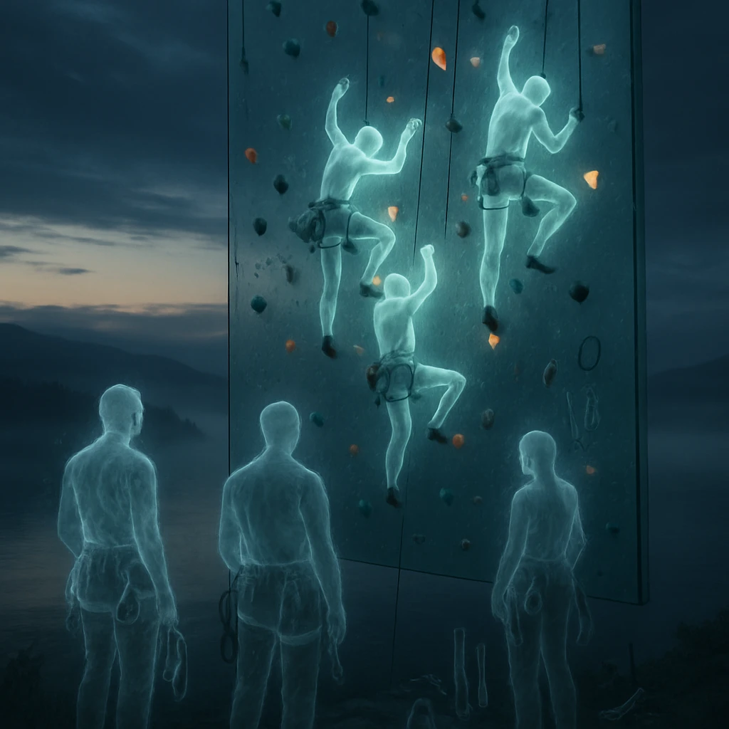 湖のほとりに浮かぶガラスのクライミング壁を、半透明の幽霊クライマーたちが夜明け前の靄の中で登っている様子。