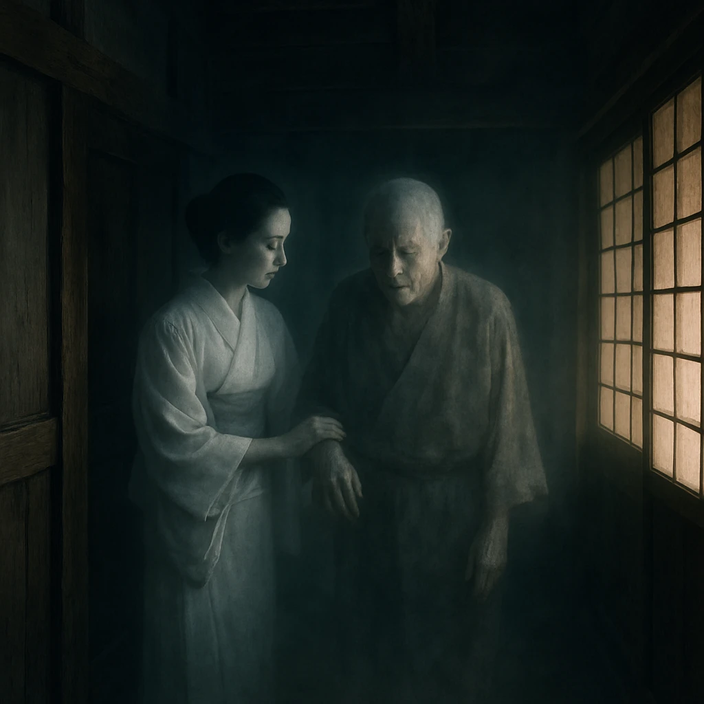 古びた和風屋敷の薄暗い座敷で、若い幽霊が困惑した様子の年老いた幽霊を壁のそばで優しく支えている様子。
