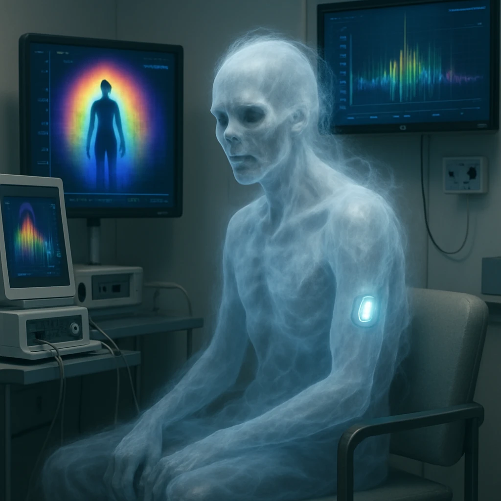 診察室で腕に小型バイオセンサーを装着した半透明の幽霊が、近未来的な医療機器やオーラグラフ画面に囲まれて座っている様子。