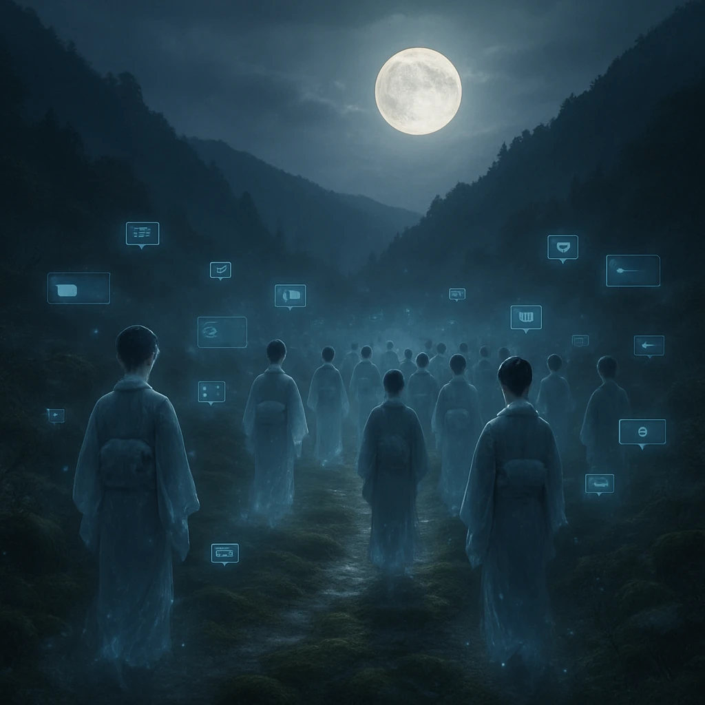 月明かりの下、半透明の着物を着た幽霊たちが静かに谷底を行進する様子を写真風に捉えた画像。