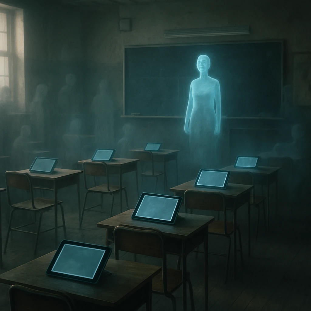 霞がかった教室に無人の机とタブレットが並び、奥にホログラムのAI教師が立っている写真風画像。