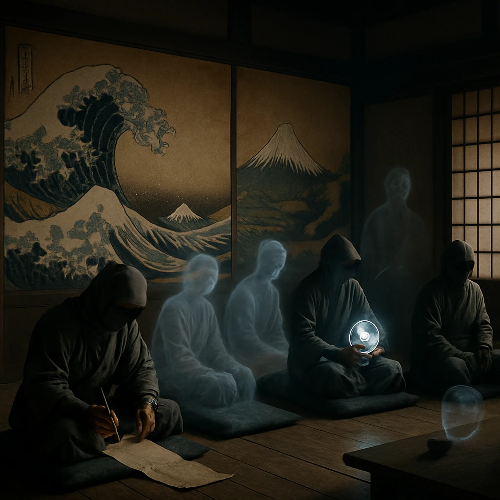 巨大な浮世絵パネルの前で、忍者や半透明の幽霊たちが座布団に座り、それぞれ俳句帳や巻物、魂端末などに静かに向き合っている様子。