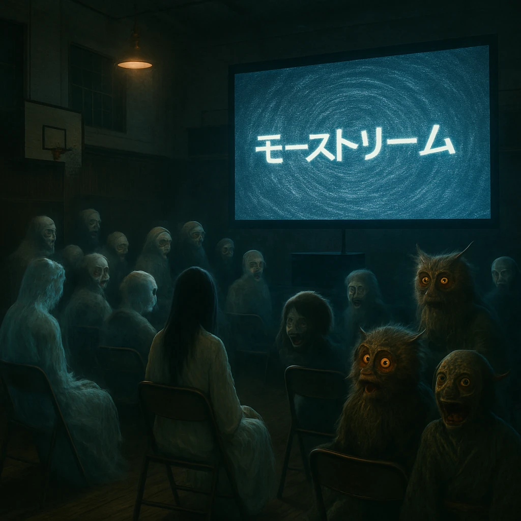 夜の旧校舎体育館で多くの幽霊や妖怪がライブ配信イベントの字幕付き画面を眺めている様子。
