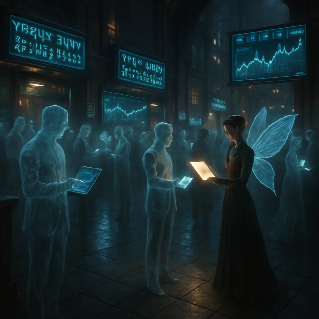 閻魔市の暗銀座にある超常証券取引所のフロアで、幽霊投資家や妖精のエグゼクティブたちが発光する資料を手に熱心にやり取りをしている様子。