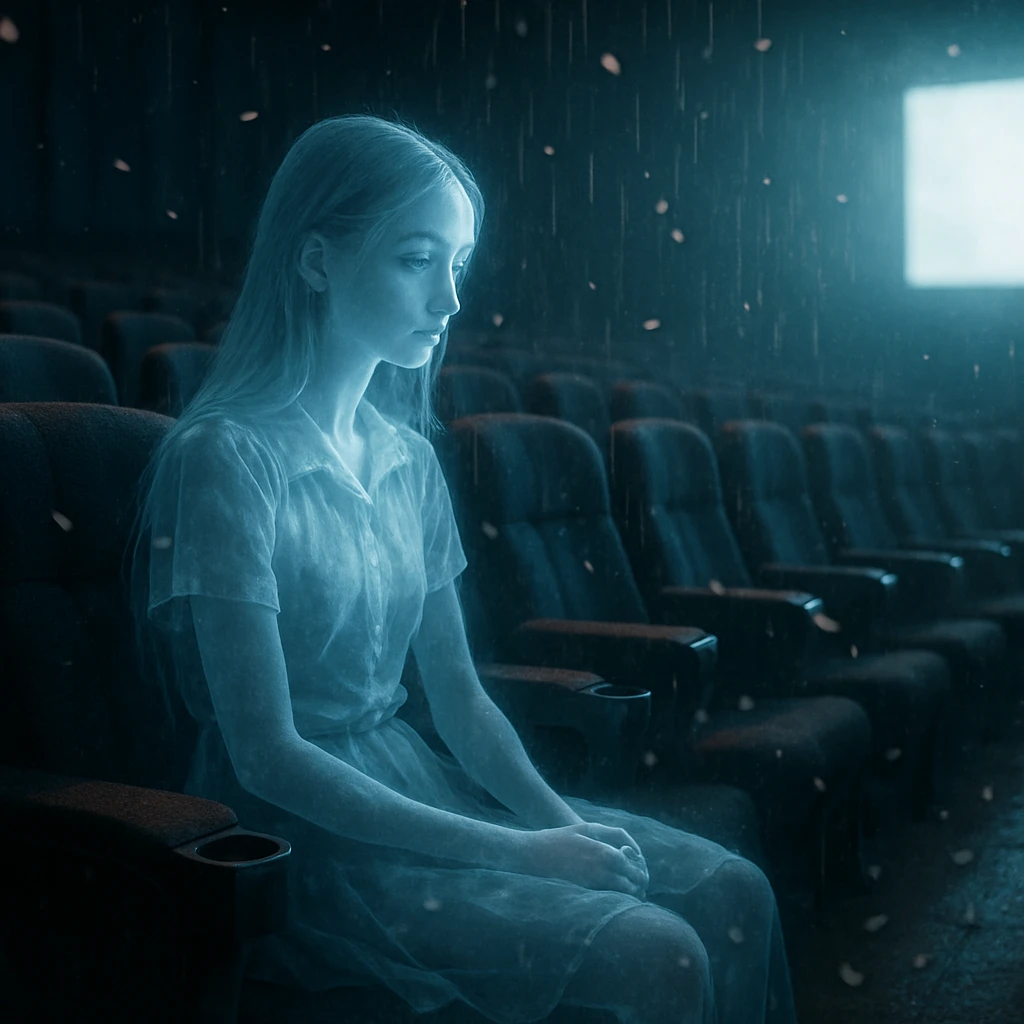 暗い映画館の客席で、透明な幽霊の女子中学生が一人でスクリーンを見つめる様子。