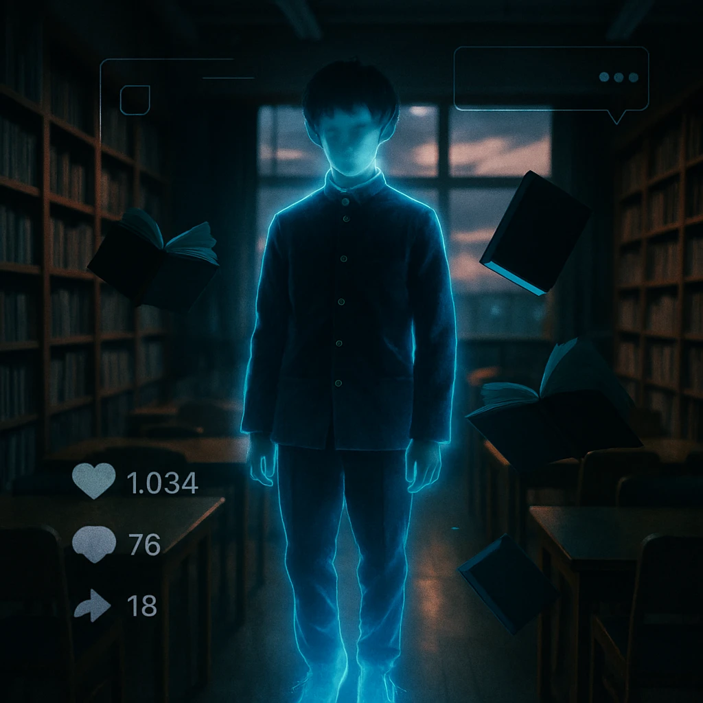 校舎の図書室で顔がぼんやり消えかけた透明な男子中学生の幽霊が浮遊している様子の写真。