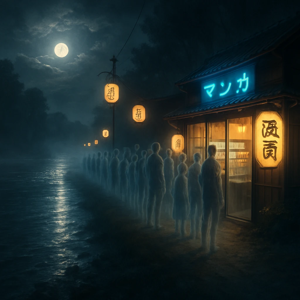 三途の川沿いに幽霊たちが深夜まで漫画カフェの前に長蛇の列を作っている幻想的な光景。