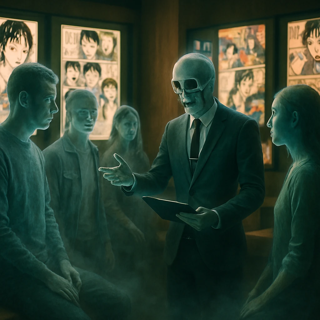 近代的な漫読所でタブレットを持つ死神と、透明な幽霊たちが漫画アプリを囲んで集まっている写真風画像。