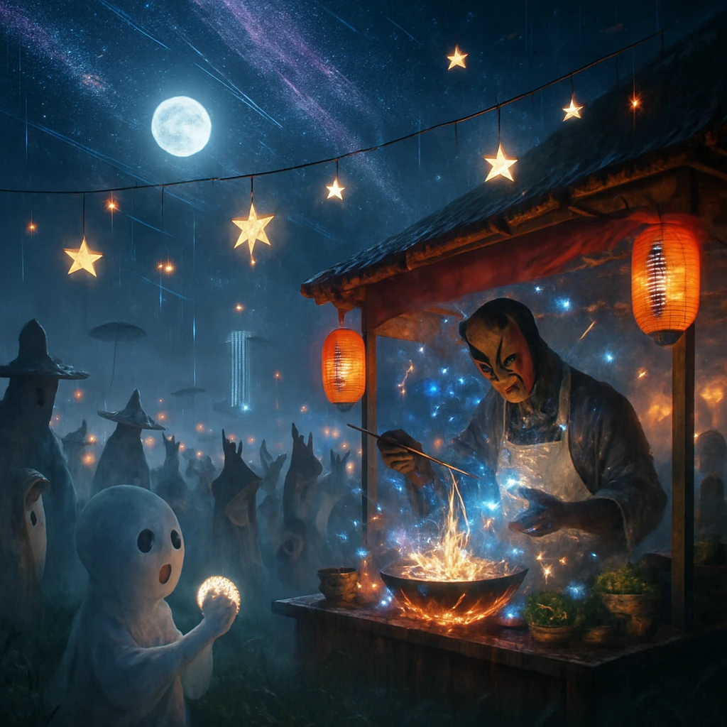 幻想的な夜の草原で、無数の幽霊や妖怪が光る屋台に集い、中央では仮面姿の幽霊料理人が天体そばを調理している様子。