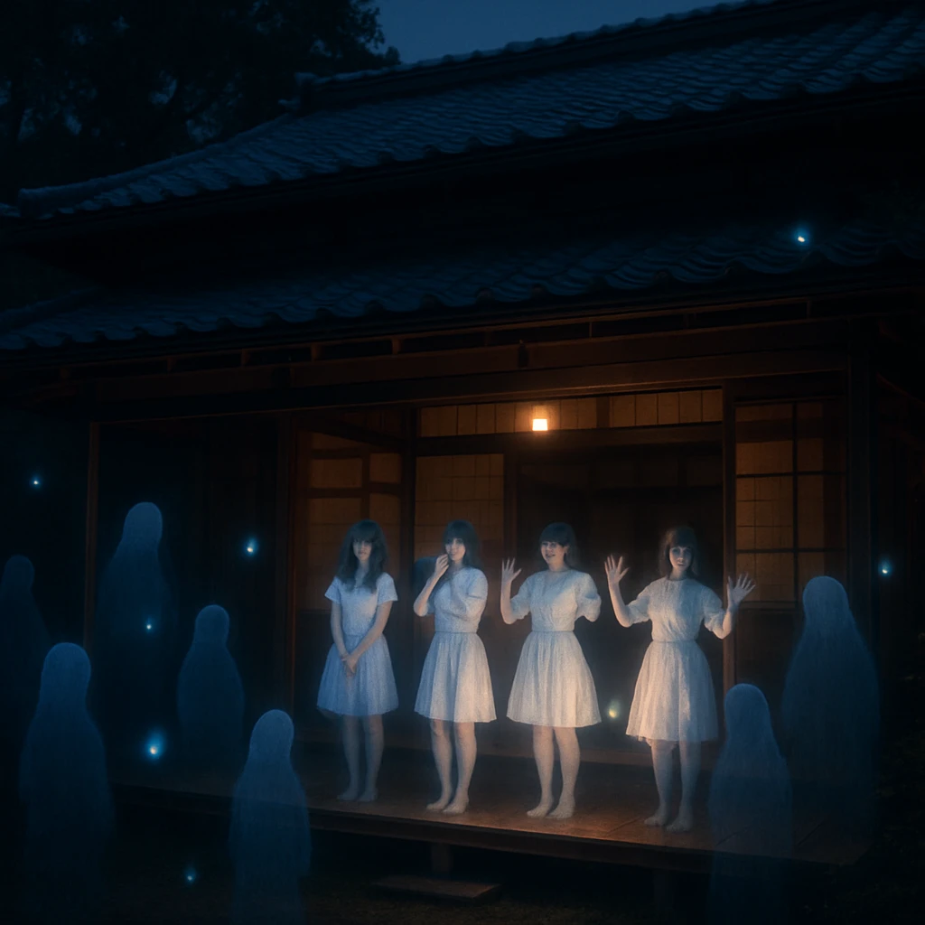 夕暮れ時の古民家前で半透明の幽霊アイドルグループがパフォーマンスをする様子を写真風に描いた画像。
